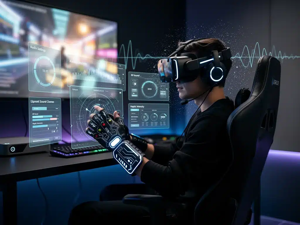 Gamer experiencing immersive virtual reality with advanced audio