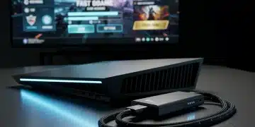 Futuristic gaming console connected to an external SSD for enhanced storage and faster load times.