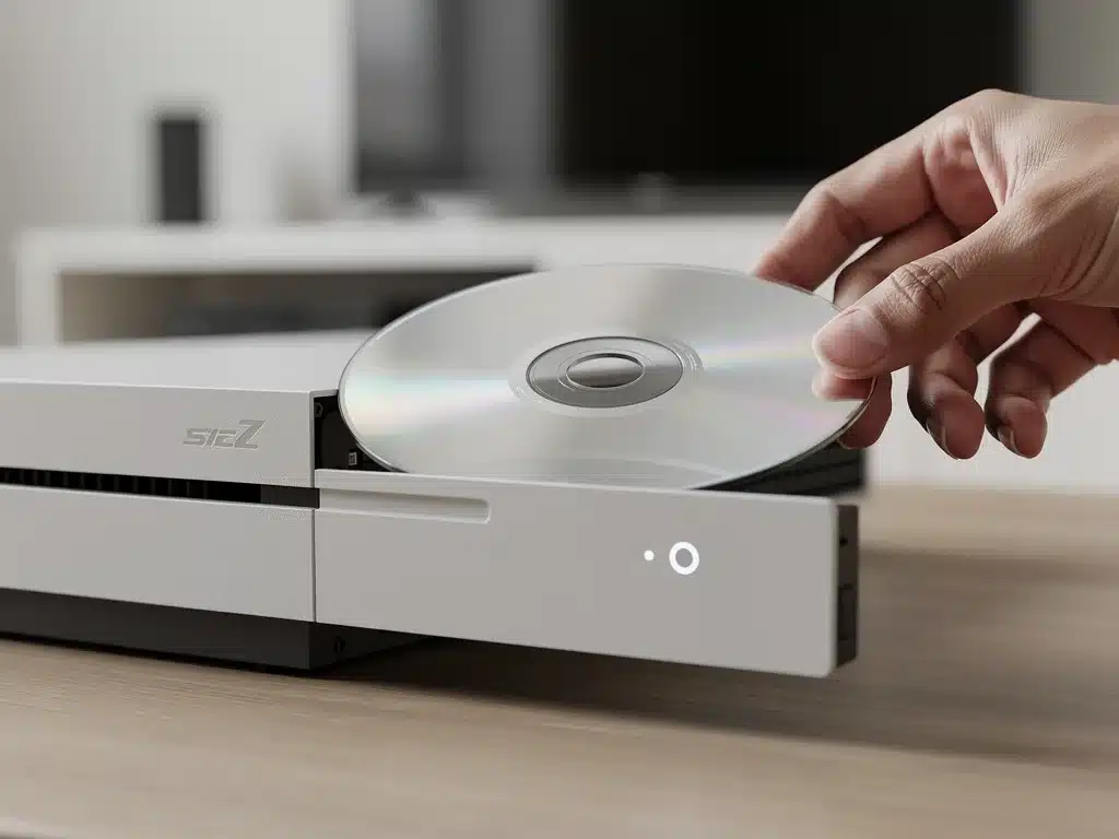 Hand carefully inserting a game disc into a console's clean disc drive.