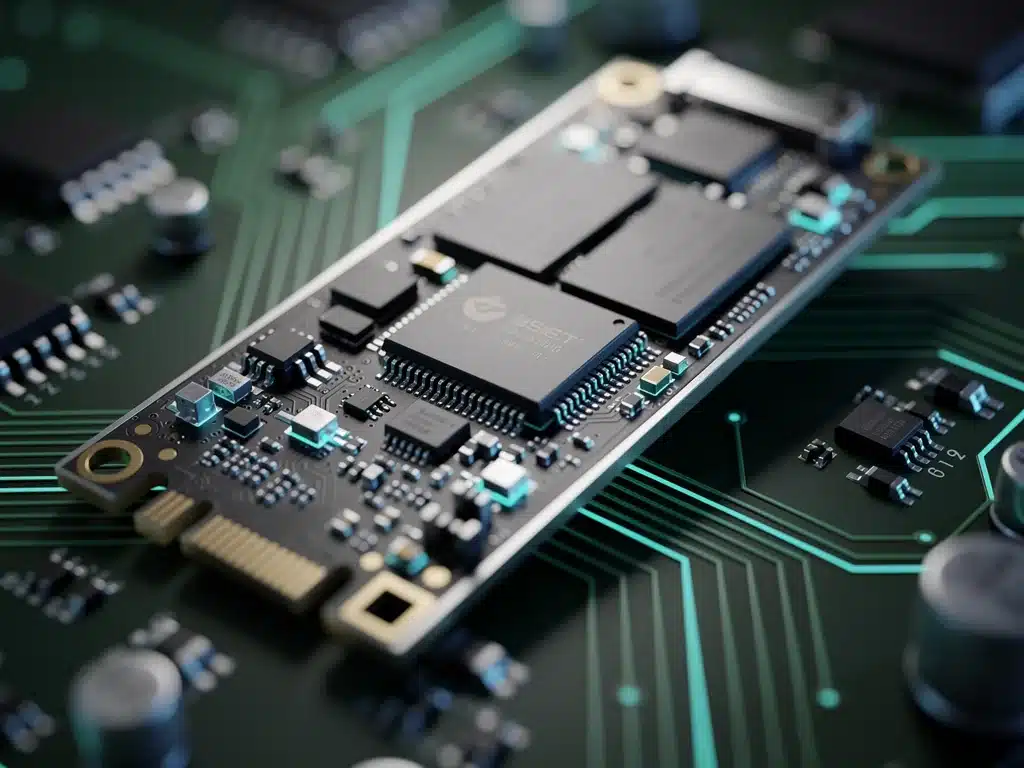 Close-up of a solid-state drive (SSD) showing internal components and advanced technology.