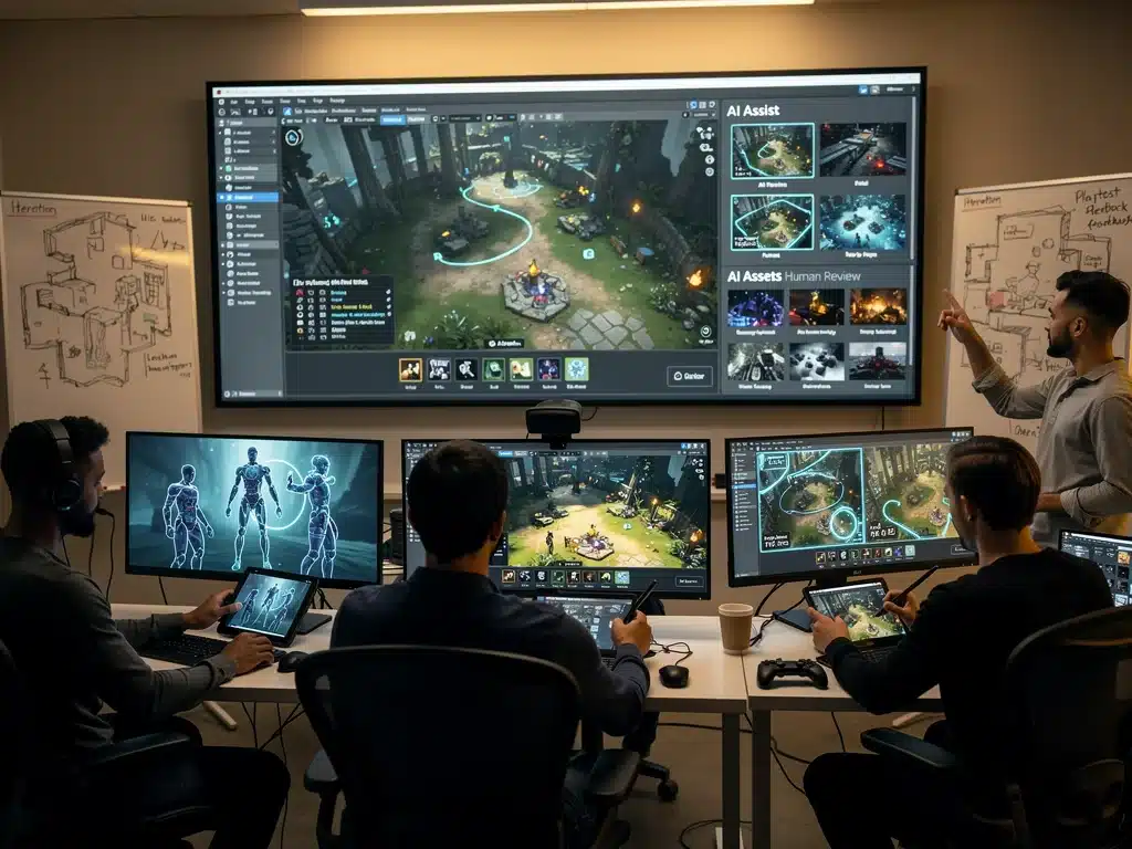 Game developers collaborating with AI on level design and asset creation
