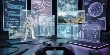 AI-driven game development environment with holographic displays and console controller