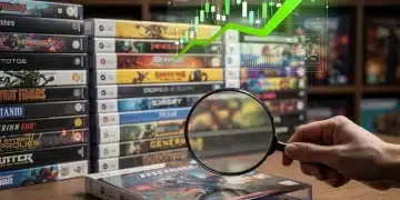 Console game resale market analysis, a stack of diverse video game boxes with financial graphs overlayed, representing investment potential.