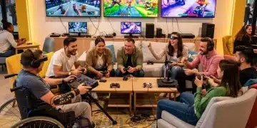Gamers with adaptive controllers enjoying console games in an accessible environment