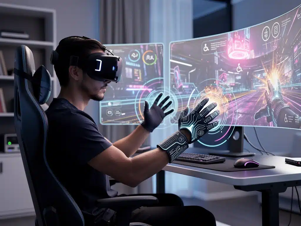 Gamer using haptic feedback gloves and VR for immersive, accessible gaming