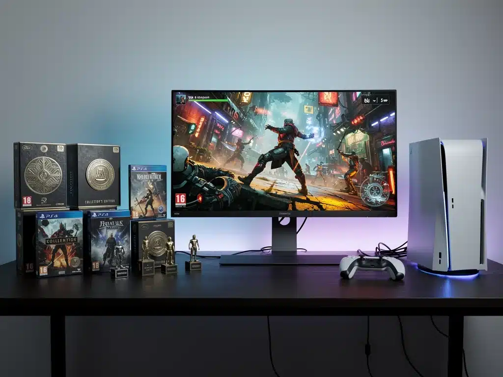 Modern gaming setup with collector's edition games, illustrating contemporary console game resale trends.