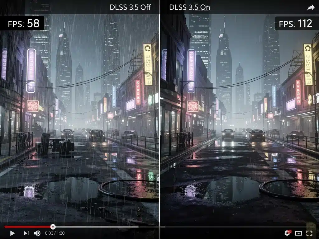Side-by-side game comparison: DLSS 3.5 on vs. off, showing FPS and visual improvements