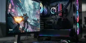 High-performance PC gaming setup with monitor displaying game, optimized with DLSS 3.5 settings