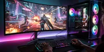 Futuristic PC gaming setup with advanced monitor