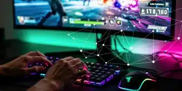 Gamer hands on keyboard and mouse, optimizing internet speed for low latency gaming.