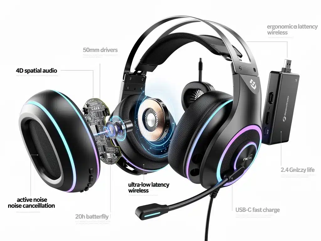 Exploded view diagram of advanced PC gaming headset components