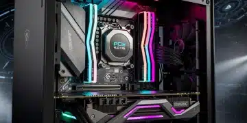 Futuristic gaming PC with PCIe 5.0, high-speed SSDs, and advanced graphics card.