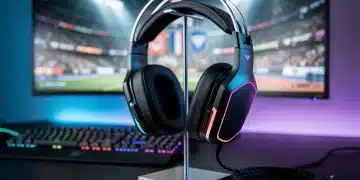 Futuristic PC gaming headset on a stand in a gaming setup