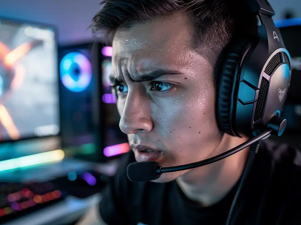 Gamer wearing high-fidelity PC gaming headset during intense gameplay