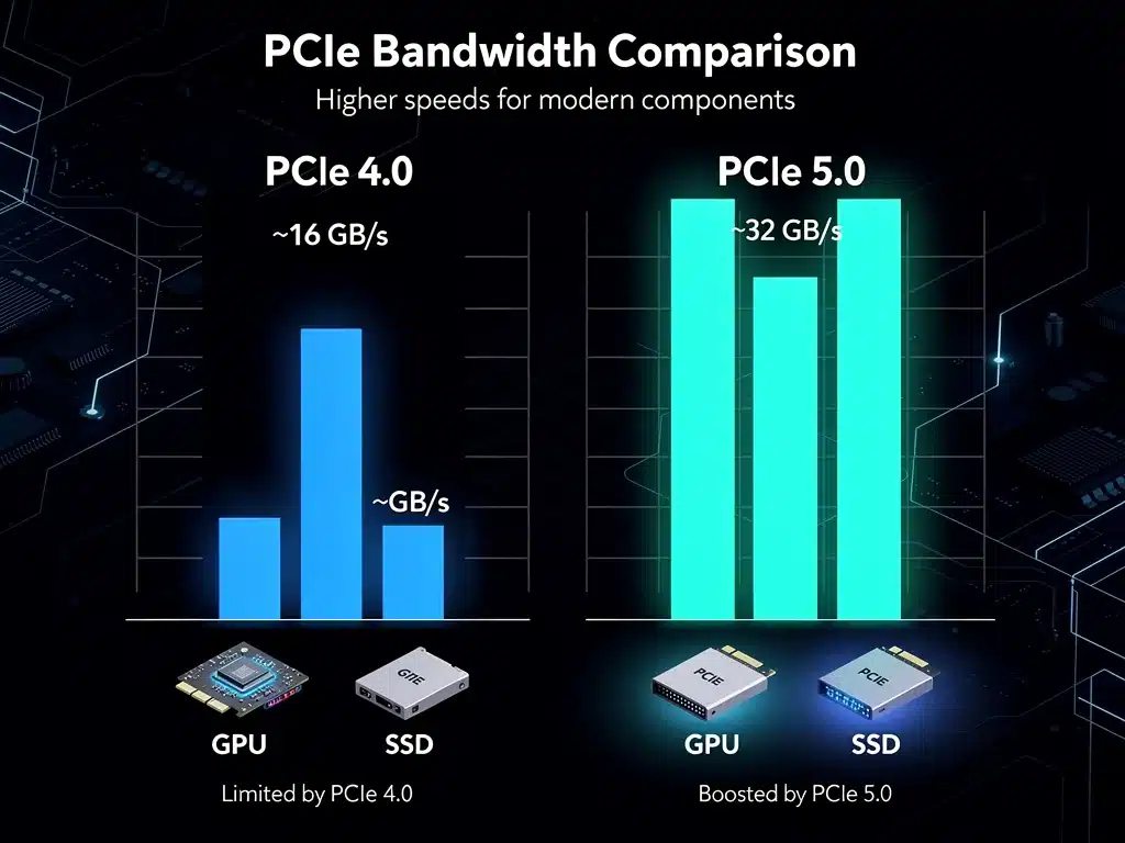 Comparison graphic illustrating PCIe 4.0 vs PCIe 5.0 bandwidth improvements for gaming.