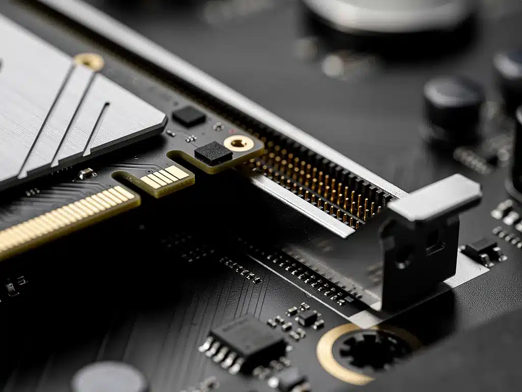 Close-up of a PCIe 5.0 slot with an NVMe SSD for high-speed data transfer.